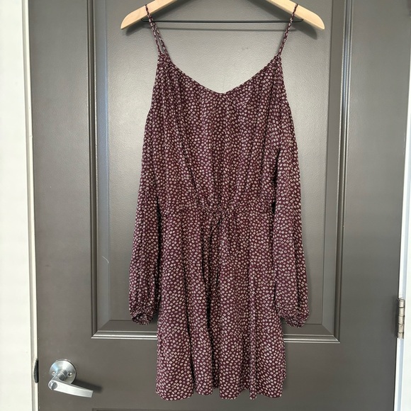 PAIGE Plum Cold Shoulder Drawstring Floral Long Sleeved Mini Dress with Lining - Picture 3 of 7